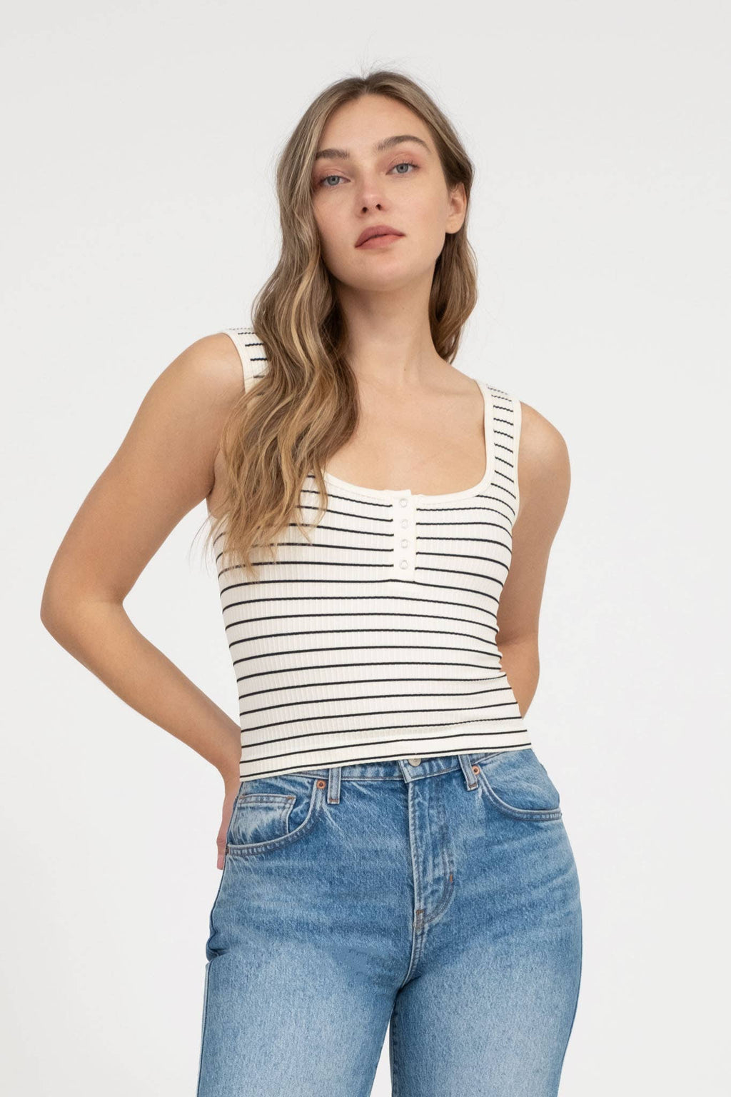 STRIPED SCOOP NECK HENLEY RIB KNIT TANK TOP