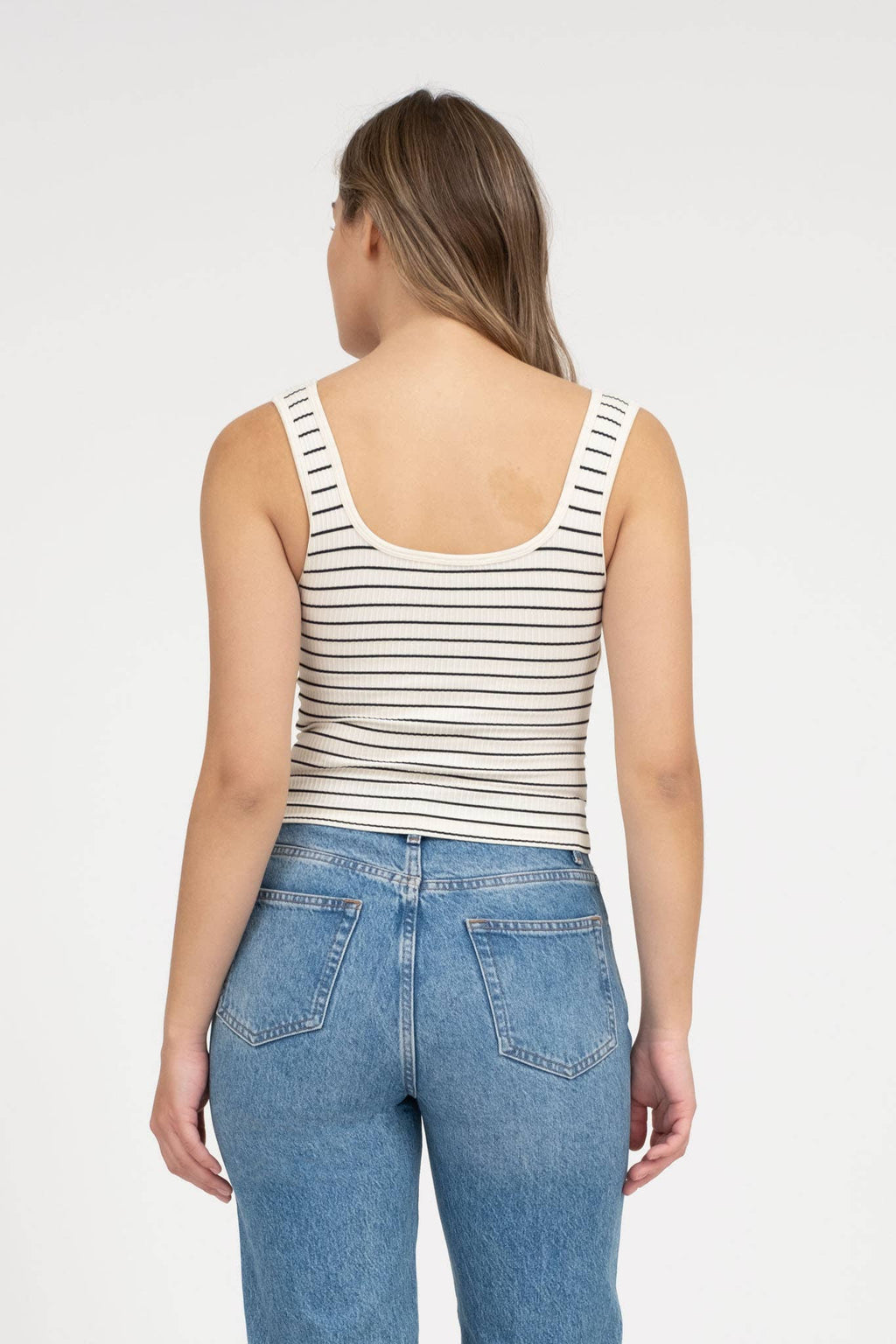 STRIPED SCOOP NECK HENLEY RIB KNIT TANK TOP