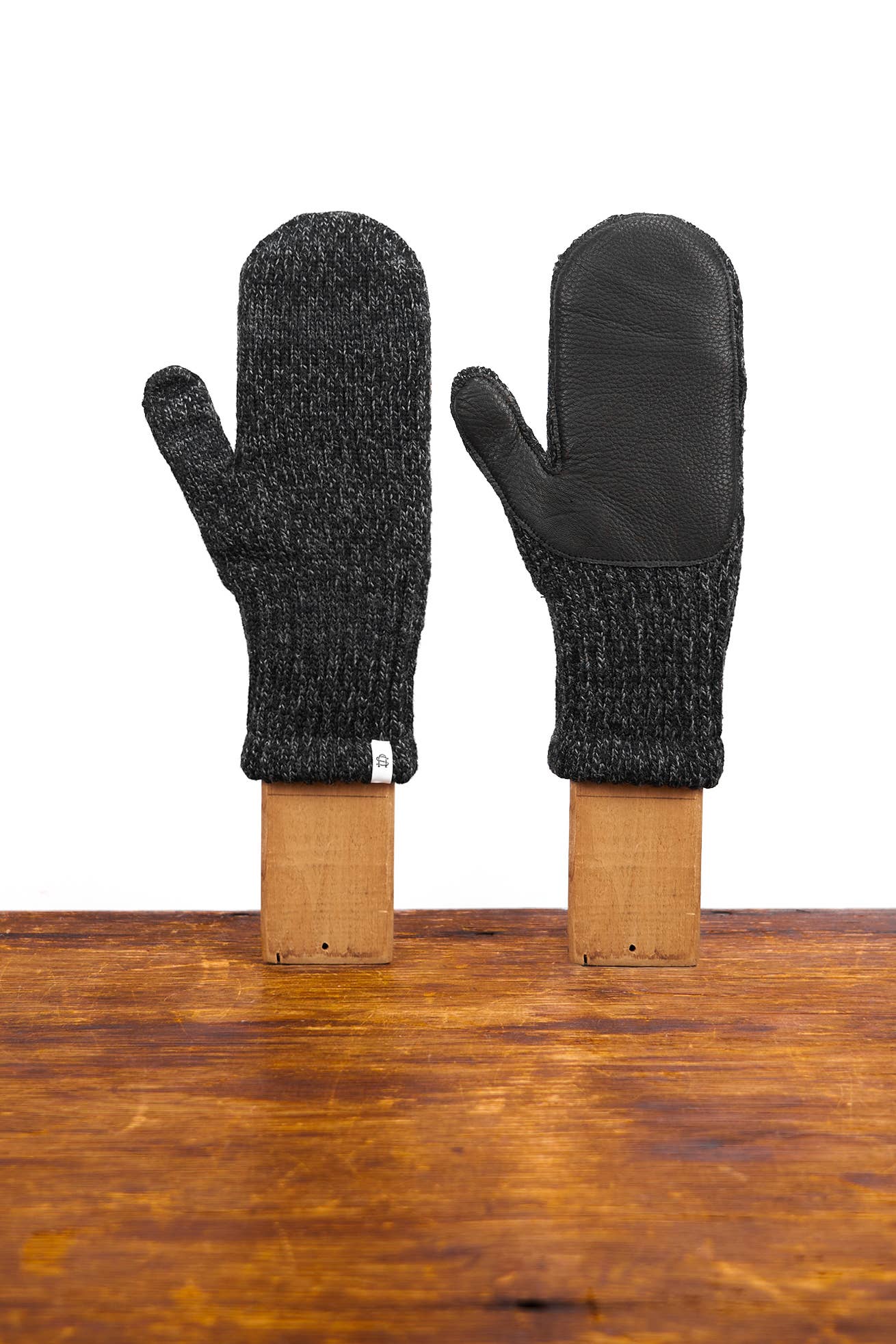Ragg Wool Mitten with Black Deer Skin - Black Melange
