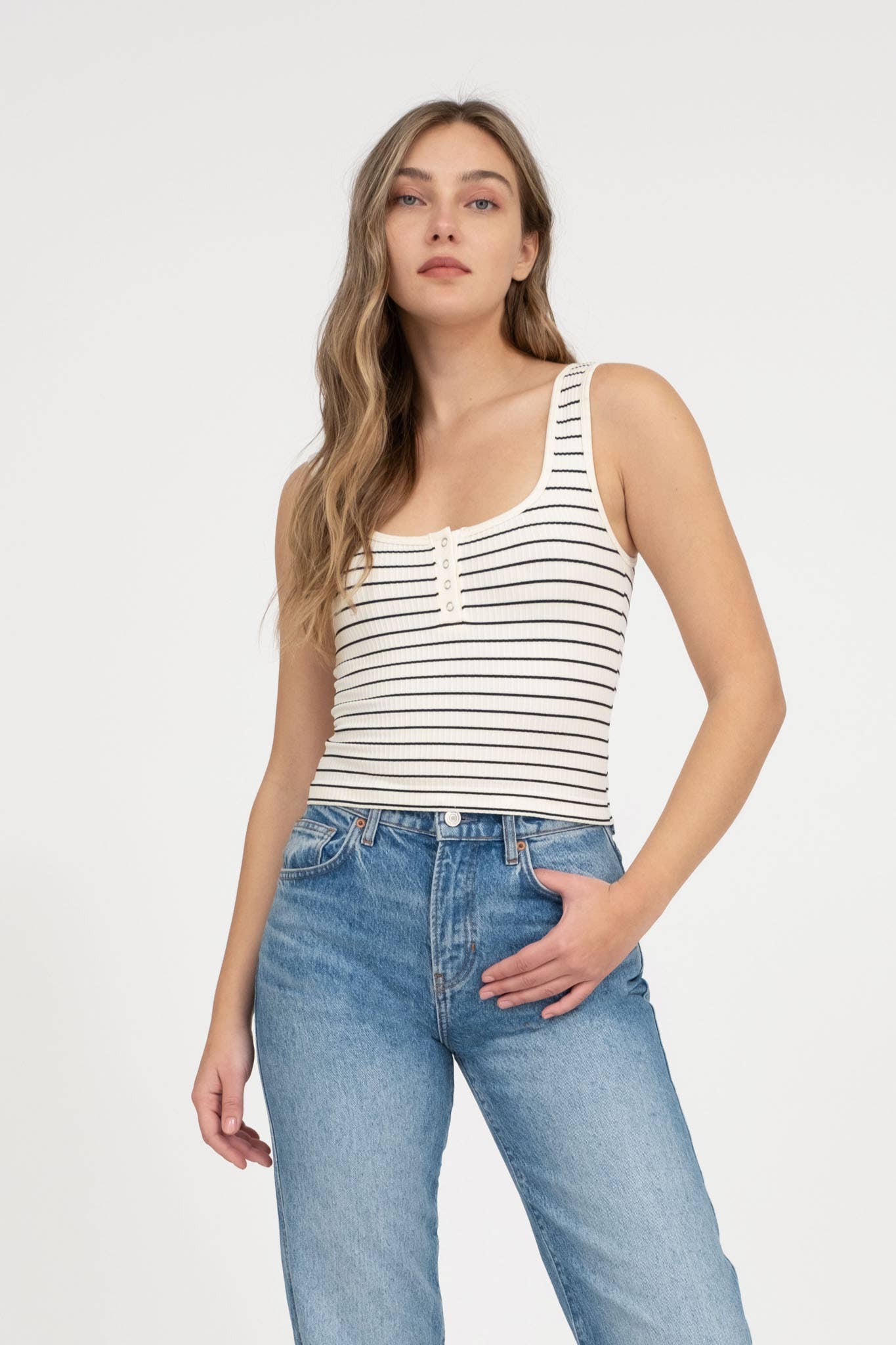 STRIPED SCOOP NECK HENLEY RIB KNIT TANK TOP