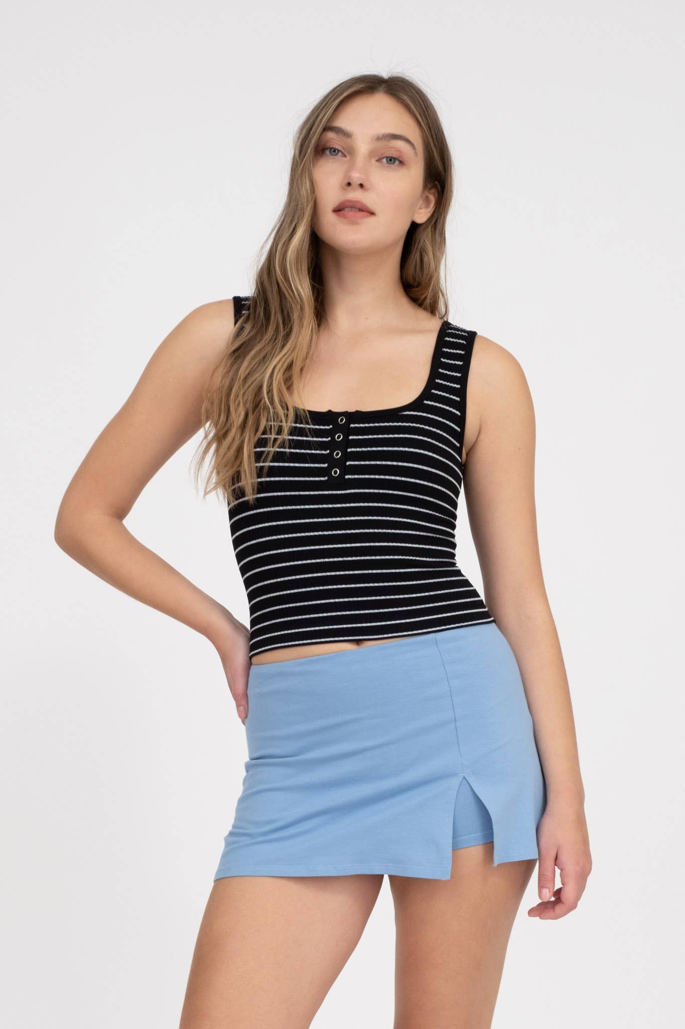 STRIPED SCOOP NECK HENLEY RIB KNIT TANK TOP