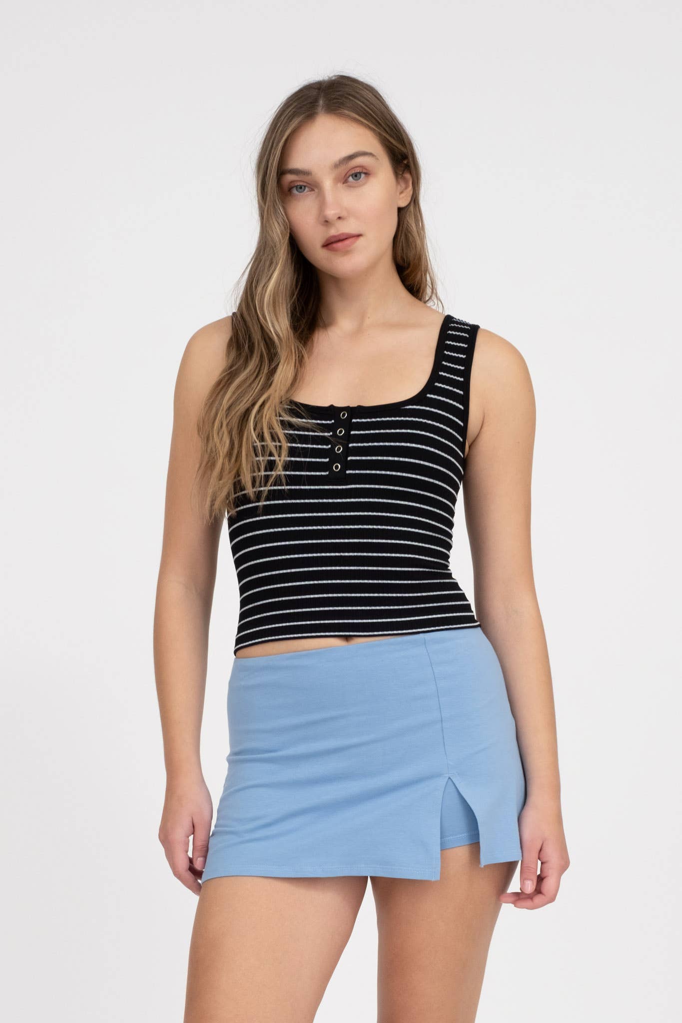 STRIPED SCOOP NECK HENLEY RIB KNIT TANK TOP