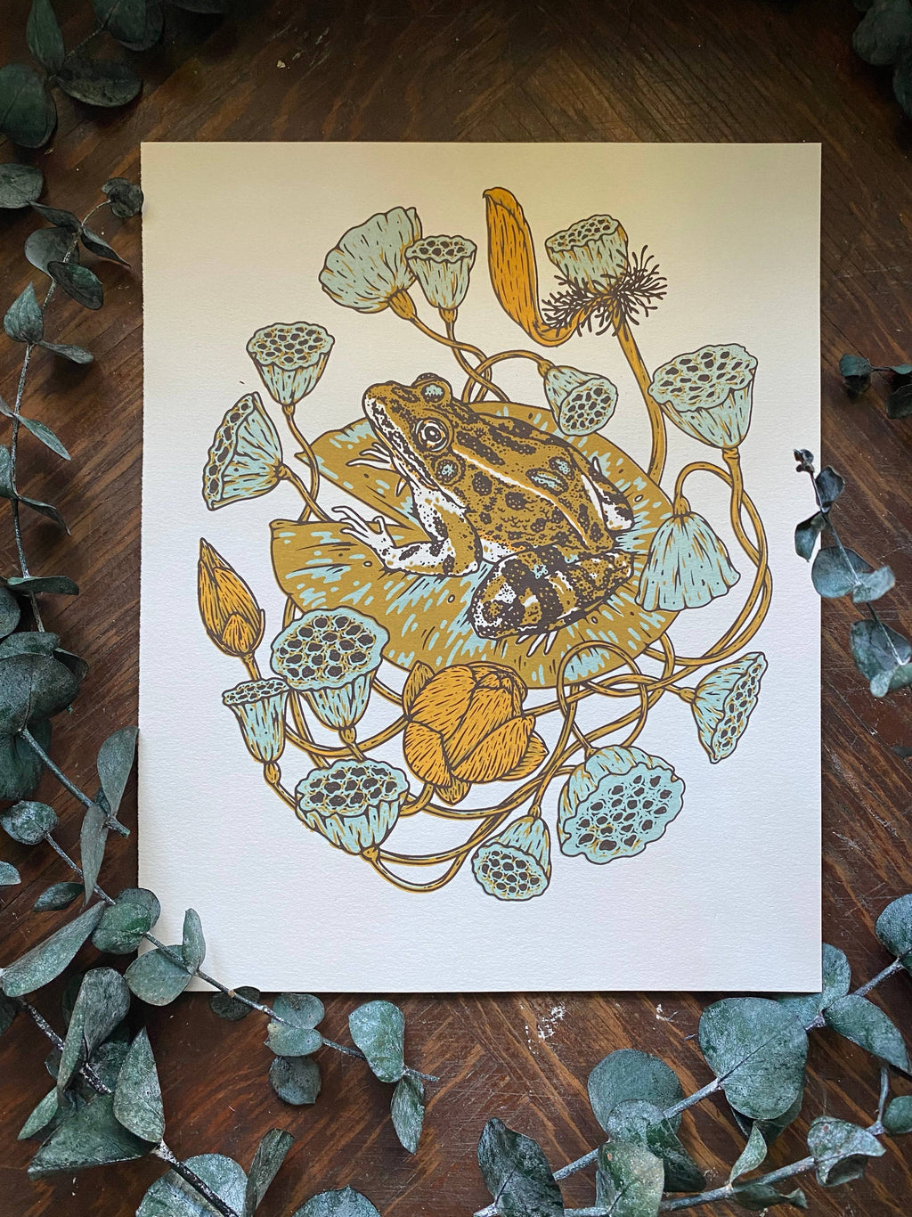 Frog, Lotus Pods, and Lotus Flowers 8x10" Giclee Print