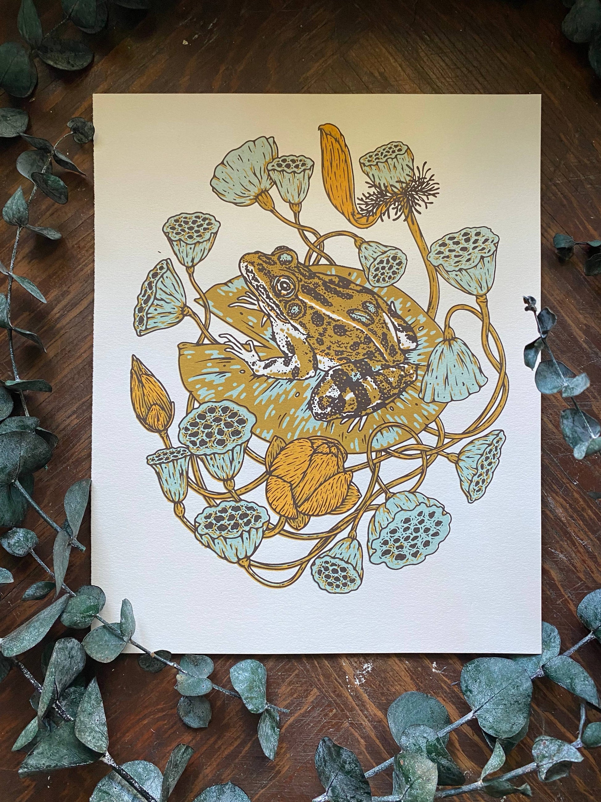 Frog, Lotus Pods, and Lotus Flowers 8x10" Giclee Print