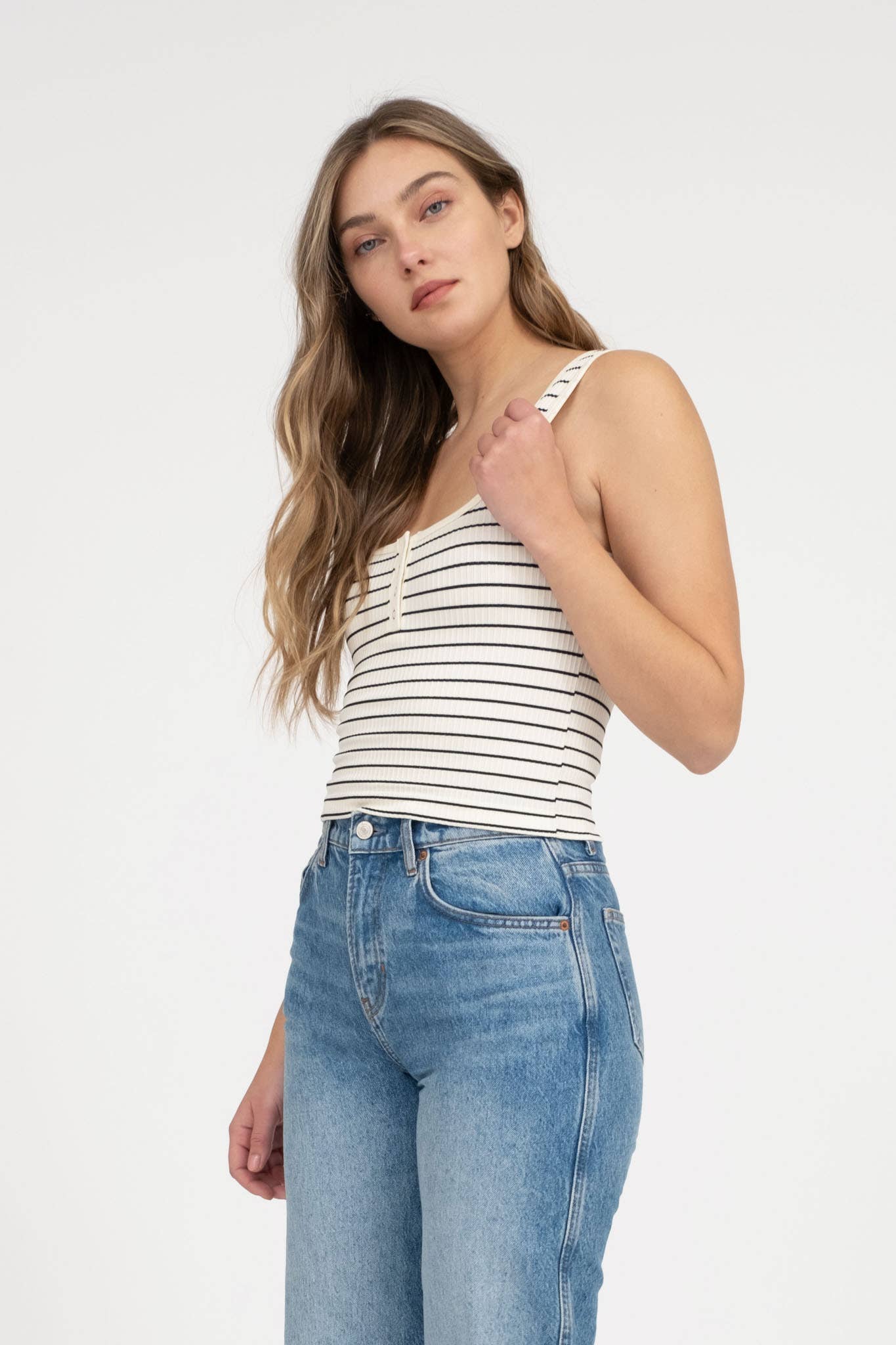 STRIPED SCOOP NECK HENLEY RIB KNIT TANK TOP