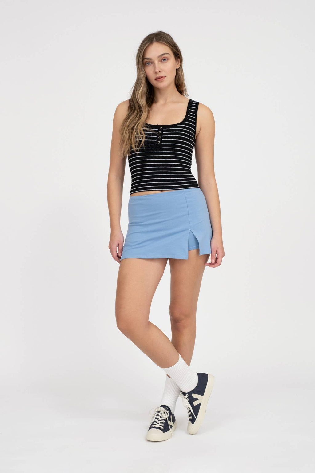 STRIPED SCOOP NECK HENLEY RIB KNIT TANK TOP