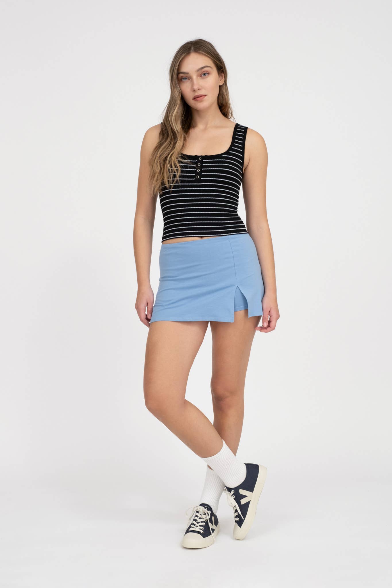 STRIPED SCOOP NECK HENLEY RIB KNIT TANK TOP