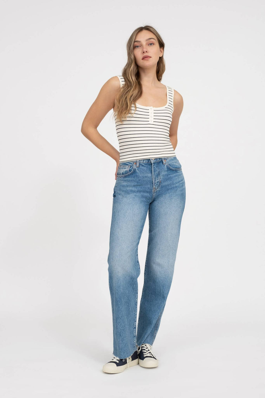 STRIPED SCOOP NECK HENLEY RIB KNIT TANK TOP