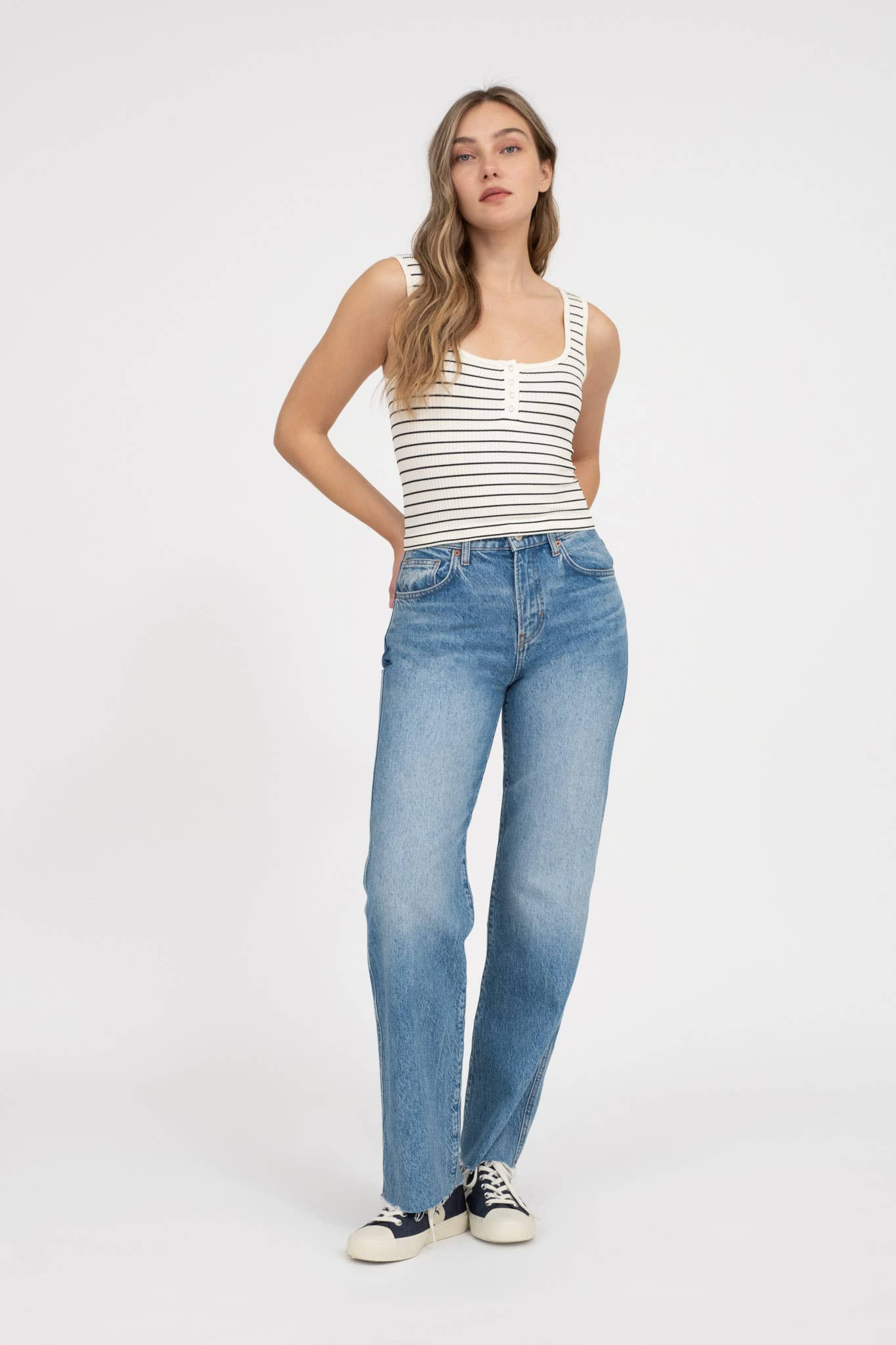 STRIPED SCOOP NECK HENLEY RIB KNIT TANK TOP